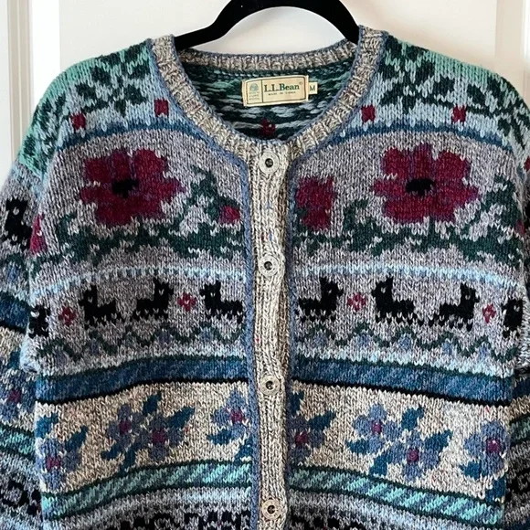 Vtg LL Bean Cardigan Womens Medium Wool Animal 80s Prairie Scottie Dog - Picture 6 of 10